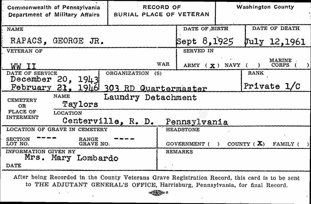 veteran burial card